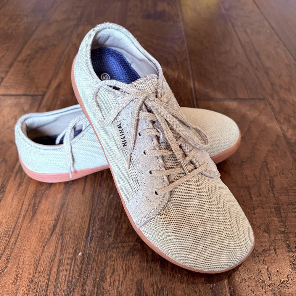 Whitin Shoes Mens 11 Beige Canvas Minimalist Barefoot Lace Up Gum Sole Sneakers
